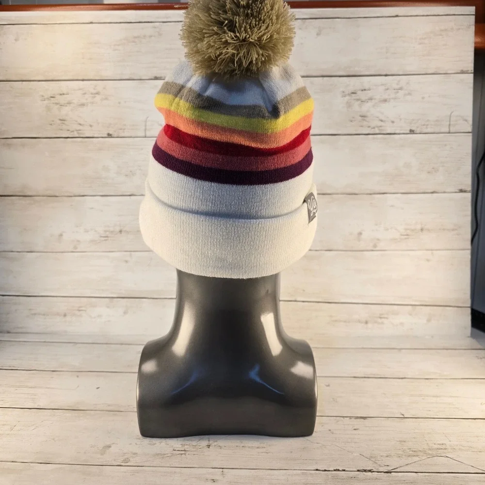 Yo Colorado Beanie Hat White Multi Stripe Pom Pom Cuffed Knit Cap Retro Style